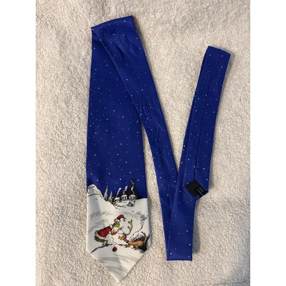 Dr.‎ Seuss Grinch Christmas Necktie Blue Snow Scene Holiday Novelty Tie Mens